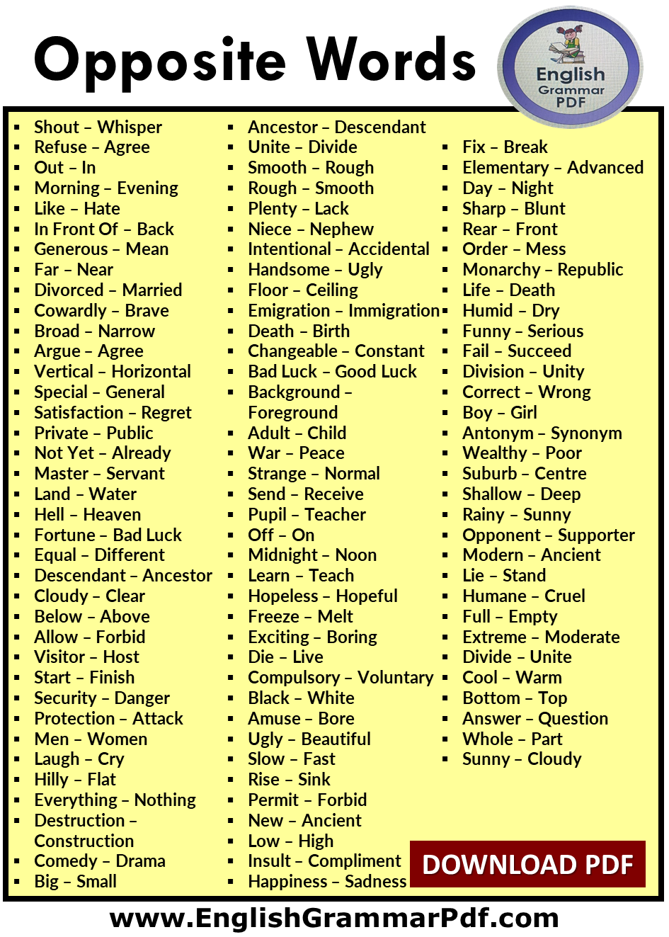 1100 Opposite Words with examples